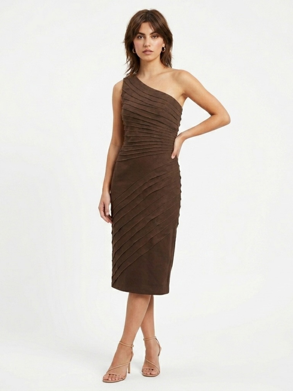 Carmen Marc Valvo One Shoulder Dress Silk Ruched Cutout Back Brown 6